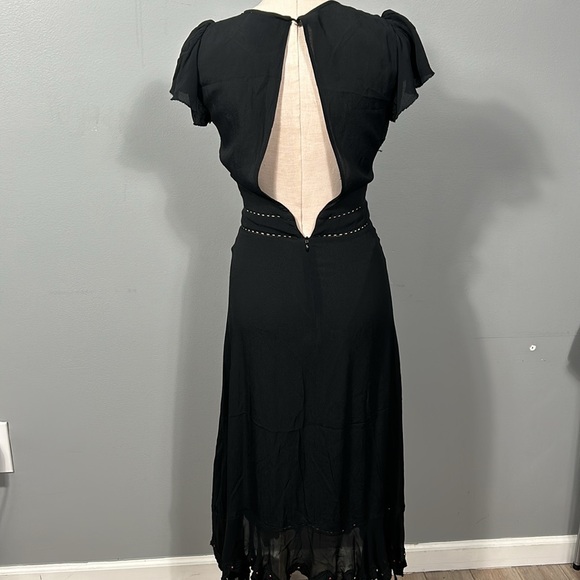 Vintage Cleobella Black Chiffon Open Back Elegant Embroidered Asymmetrical Dress - Picture 8 of 17